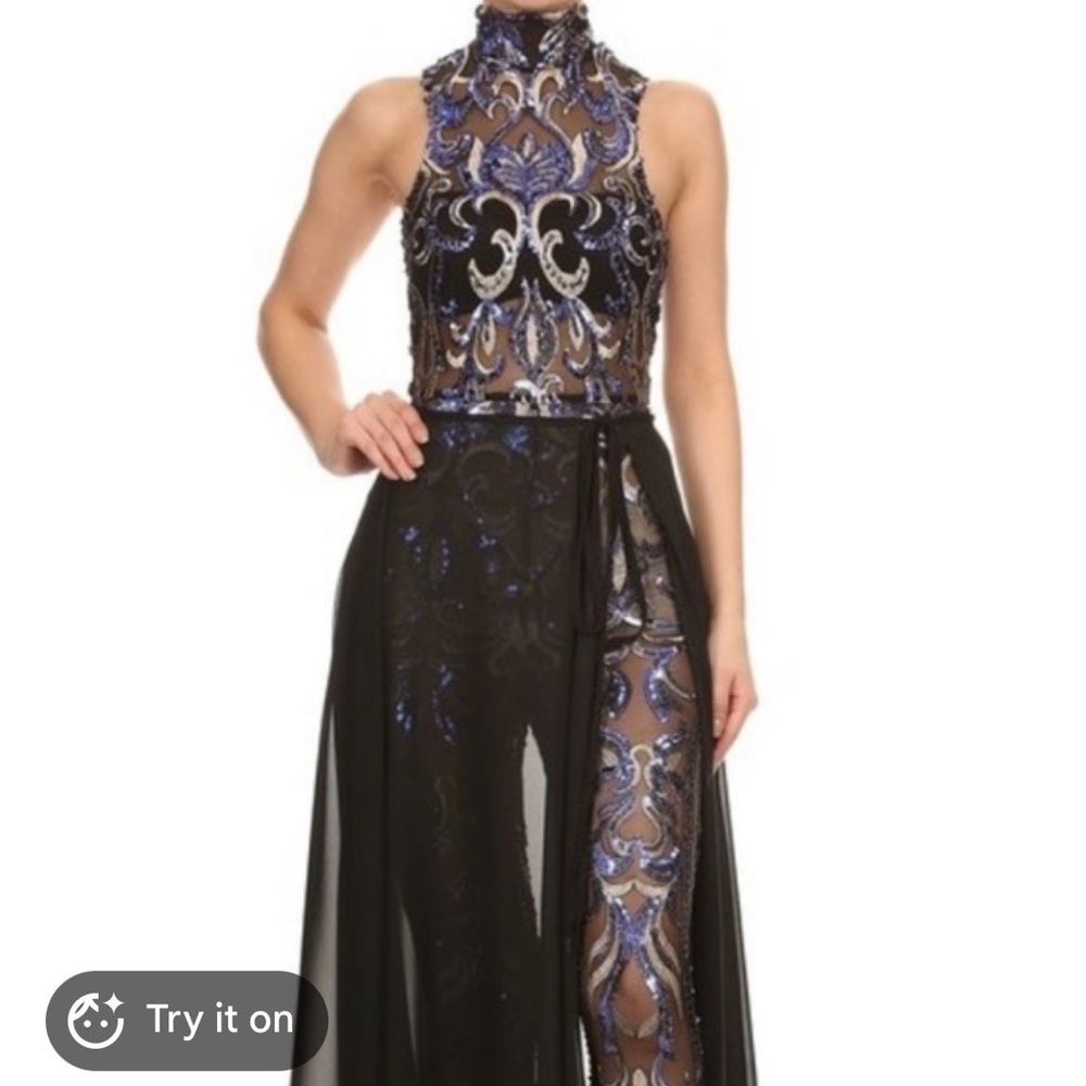Va Va Voom Black and Blue High-Neck Embellished Prom Dress